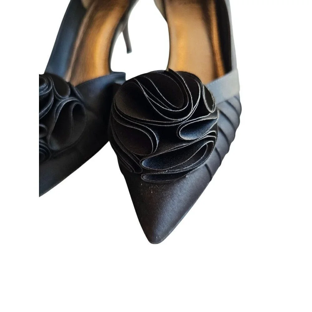 Black Satin Peep Toe Heels With Rosette Detail 3.5